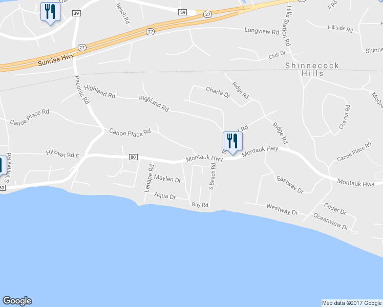 map of restaurants, bars, coffee shops, grocery stores, and more near 577 Montauk Highway in Southampton