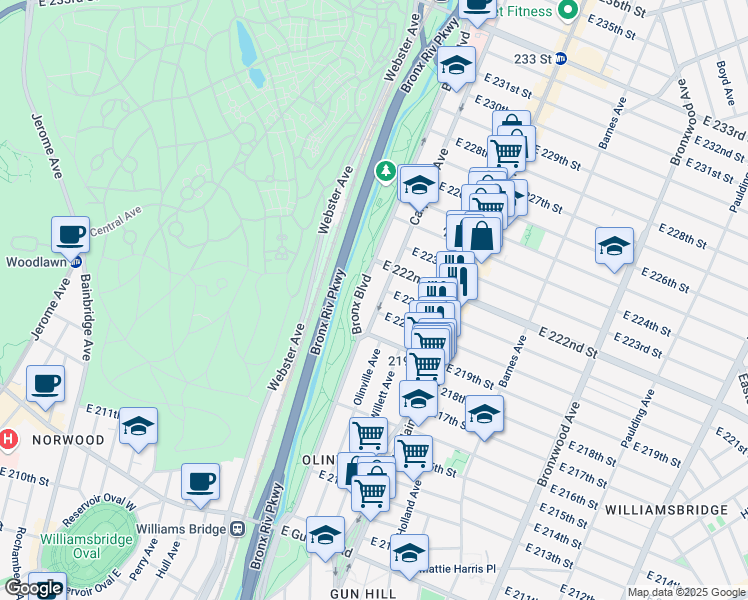 map of restaurants, bars, coffee shops, grocery stores, and more near in The Bronx