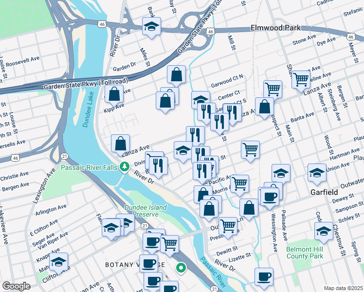 map of restaurants, bars, coffee shops, grocery stores, and more near 117 Division Avenue in Garfield