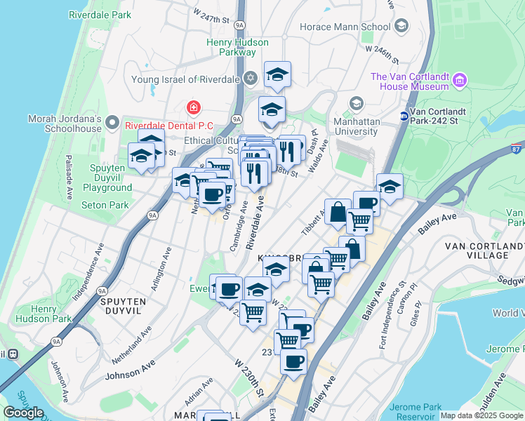 map of restaurants, bars, coffee shops, grocery stores, and more near 3585 Greystone Avenue in Bronx