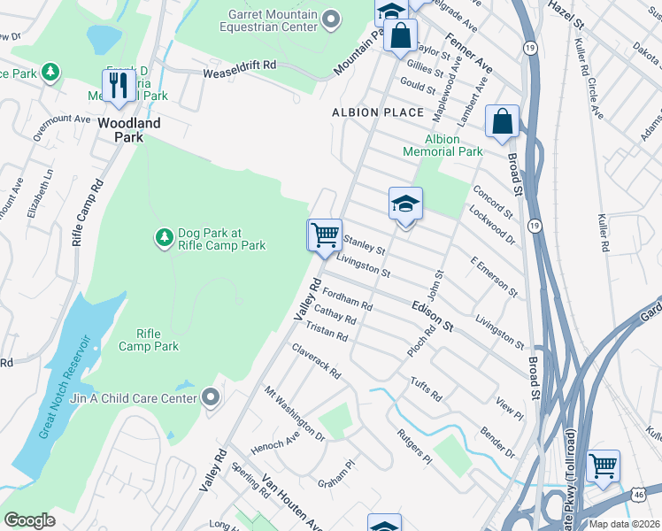 map of restaurants, bars, coffee shops, grocery stores, and more near 383 Valley Road in Clifton