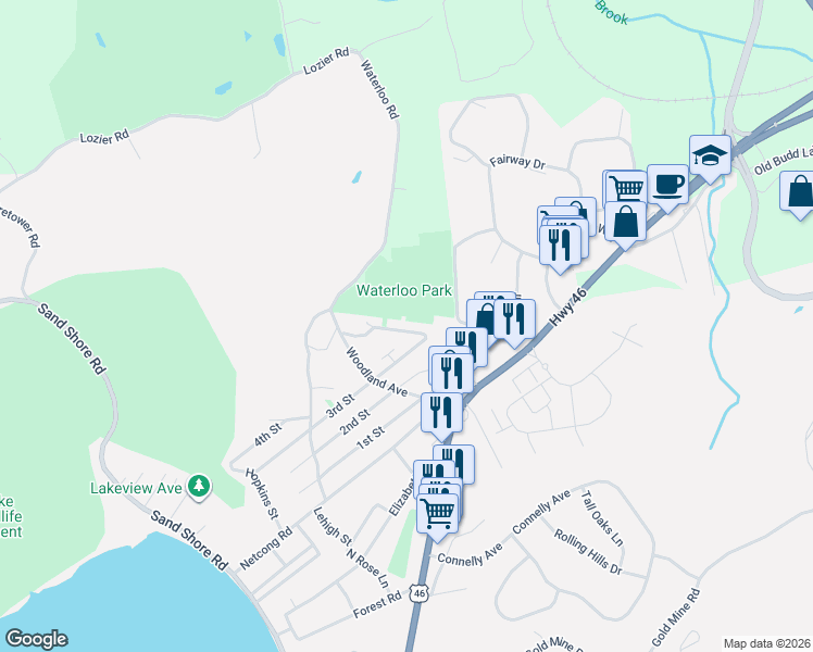 map of restaurants, bars, coffee shops, grocery stores, and more near 15 Eisenhower Street in Mount Olive