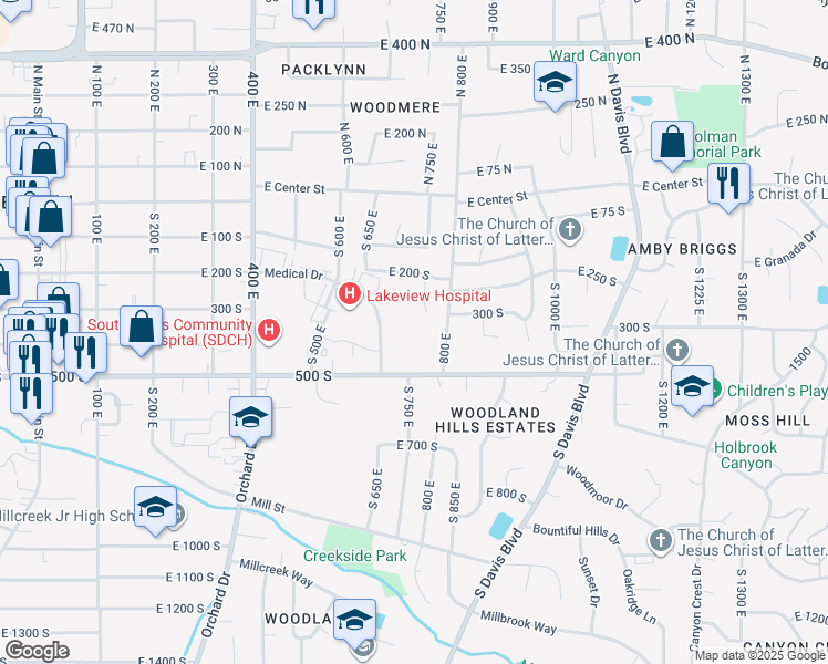 map of restaurants, bars, coffee shops, grocery stores, and more near 425 Medical Drive in Bountiful