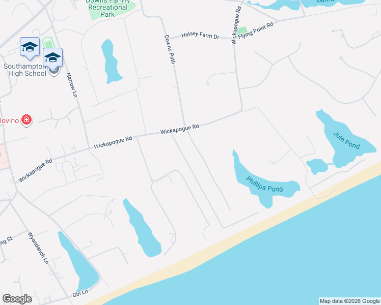map of restaurants, bars, coffee shops, grocery stores, and more near 364 Wickapogue Road in Southampton