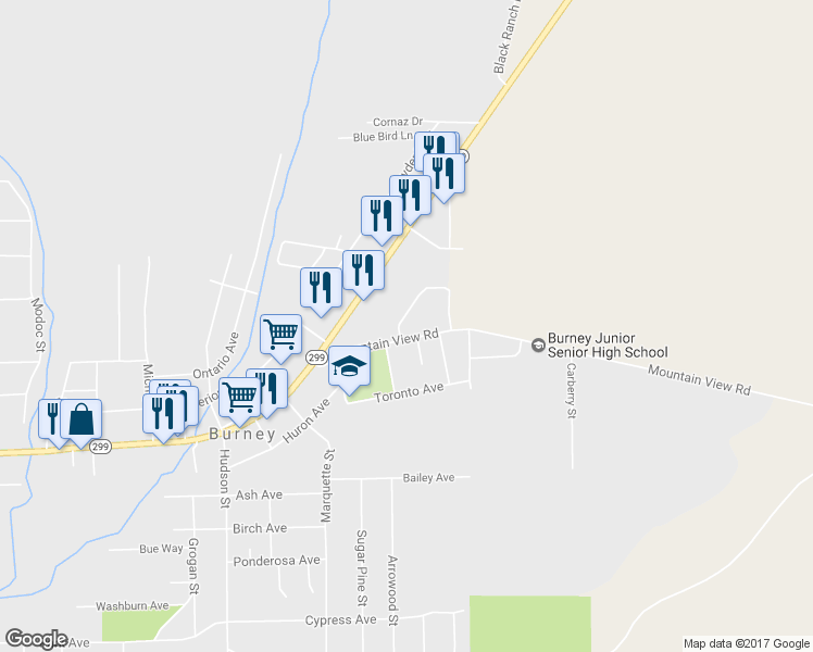 map of restaurants, bars, coffee shops, grocery stores, and more near 20519 Burney Court in Burney