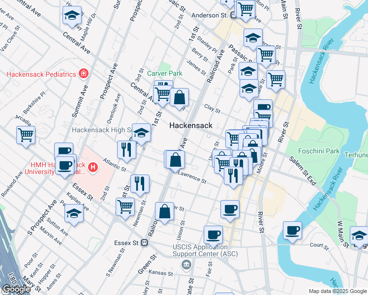 map of restaurants, bars, coffee shops, grocery stores, and more near 147 Gamewell Street in Hackensack