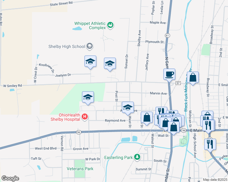 map of restaurants, bars, coffee shops, grocery stores, and more near 34 Post St in Shelby