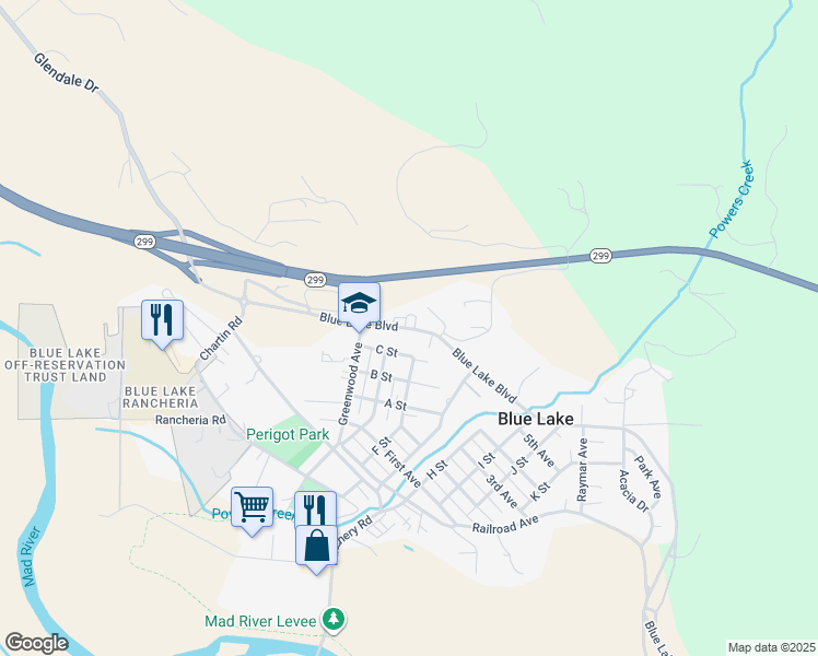 map of restaurants, bars, coffee shops, grocery stores, and more near 318-344 Blue Lake Blvd in Blue Lake