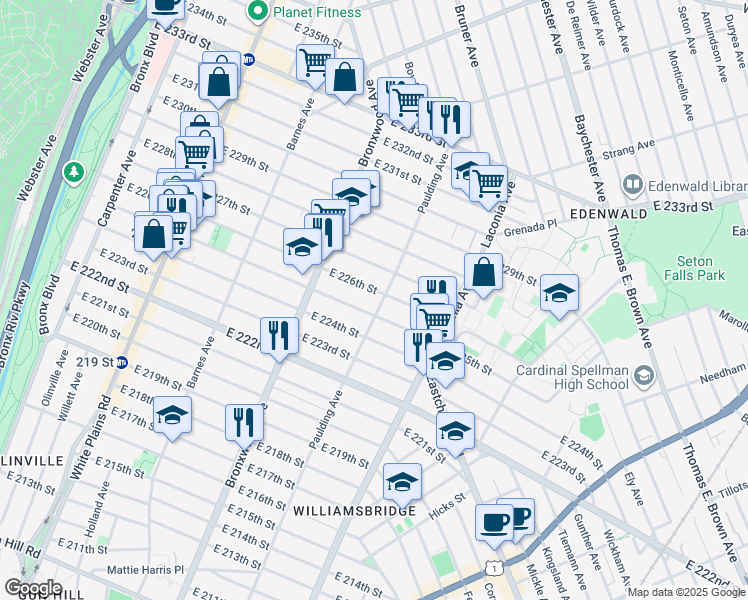 map of restaurants, bars, coffee shops, grocery stores, and more near 967 East 225th Street in The Bronx
