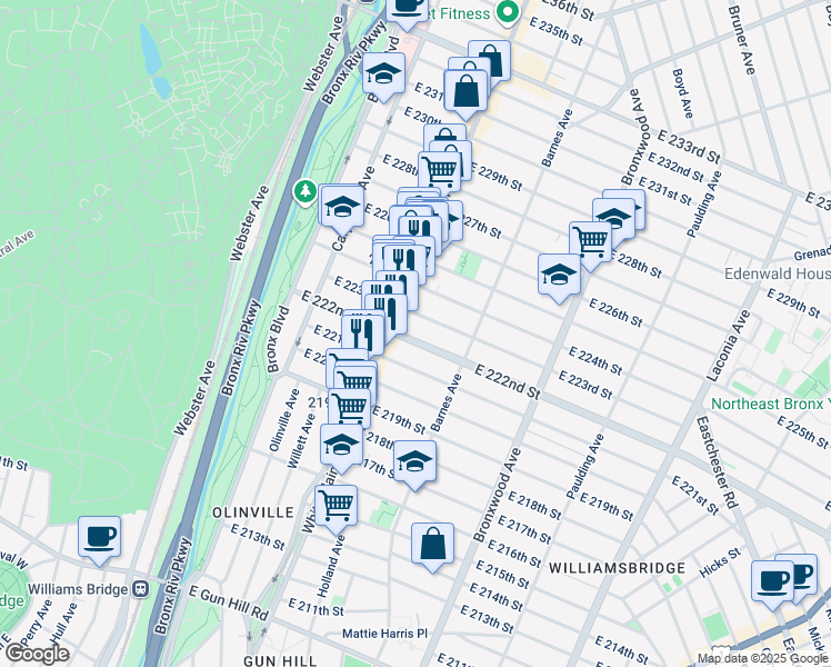 map of restaurants, bars, coffee shops, grocery stores, and more near 745 East 222nd Street in Bronx
