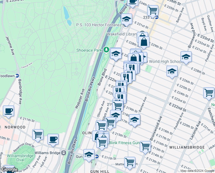 map of restaurants, bars, coffee shops, grocery stores, and more near 634 East 221st Street in Bronx