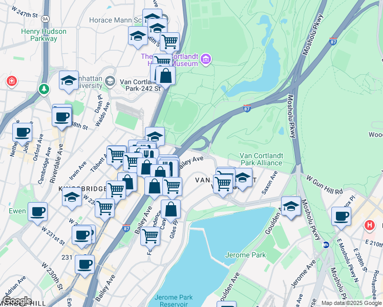 map of restaurants, bars, coffee shops, grocery stores, and more near 3865 Bailey Avenue in Bronx