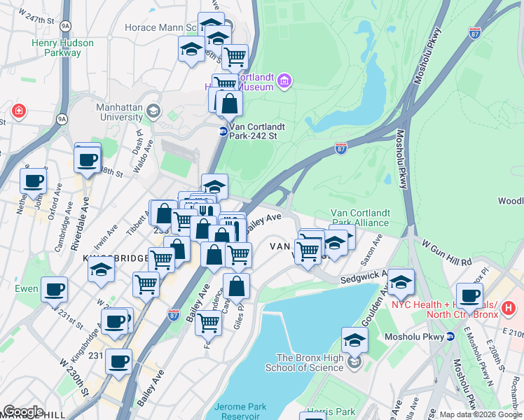 map of restaurants, bars, coffee shops, grocery stores, and more near 3865 Bailey Avenue in Bronx