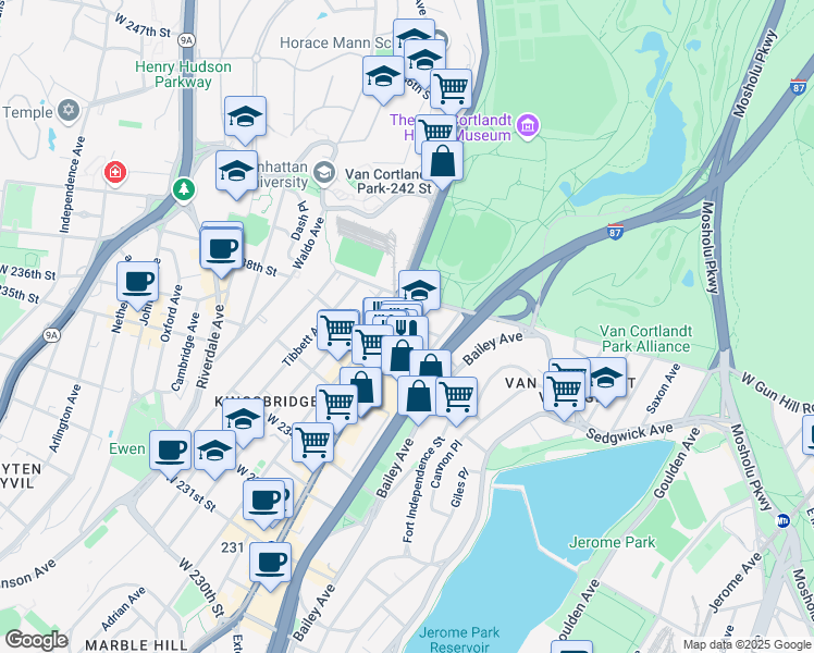 map of restaurants, bars, coffee shops, grocery stores, and more near 3816 Review Place in Bronx