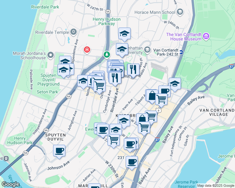 map of restaurants, bars, coffee shops, grocery stores, and more near 3585 Greystone Avenue in Bronx