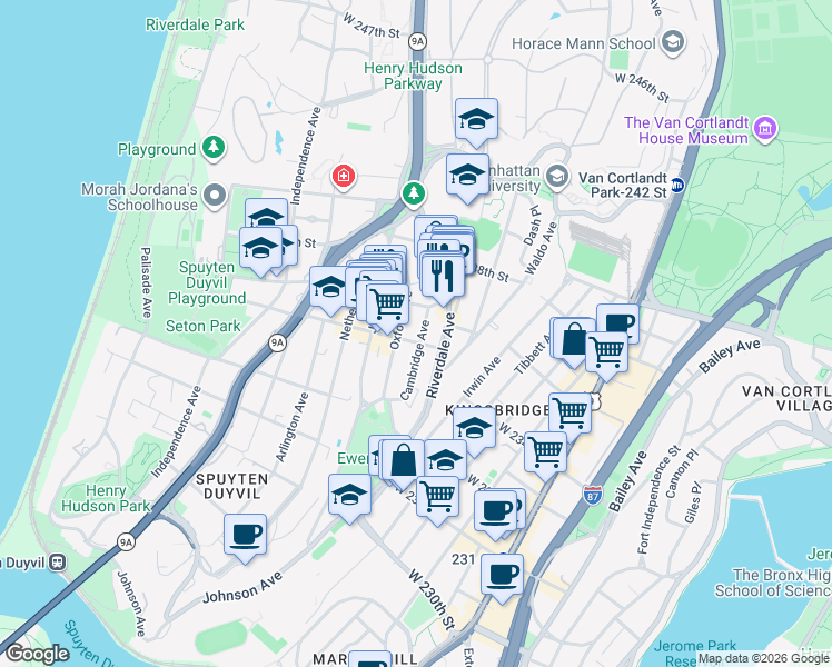 map of restaurants, bars, coffee shops, grocery stores, and more near 3501 Cambridge Avenue in Bronx