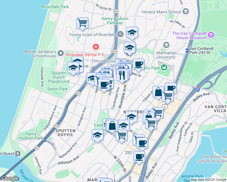 map of restaurants, bars, coffee shops, grocery stores, and more near 3501 Cambridge Avenue in Bronx