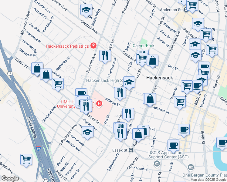 map of restaurants, bars, coffee shops, grocery stores, and more near 2ND State Street in Hackensack