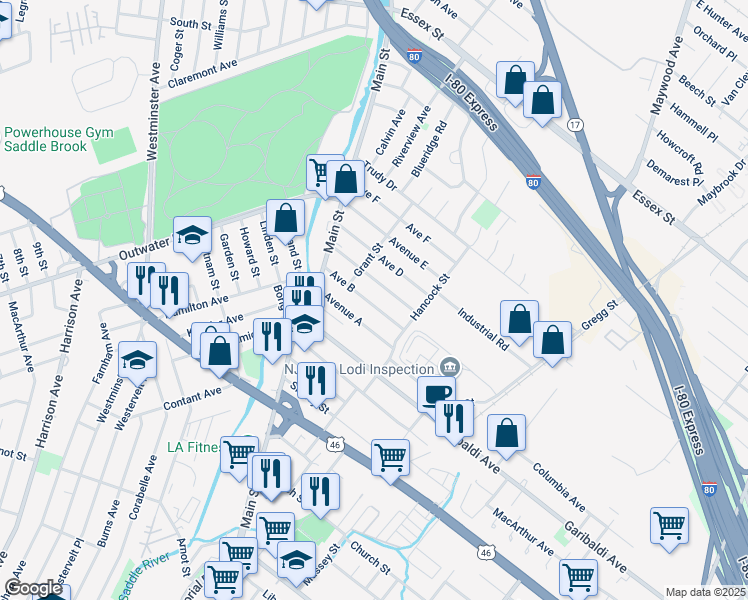 map of restaurants, bars, coffee shops, grocery stores, and more near 55 Avenue B in Lodi