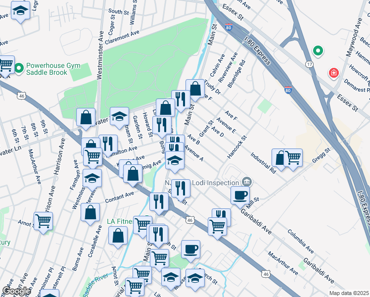 map of restaurants, bars, coffee shops, grocery stores, and more near 370 Main Street in Lodi