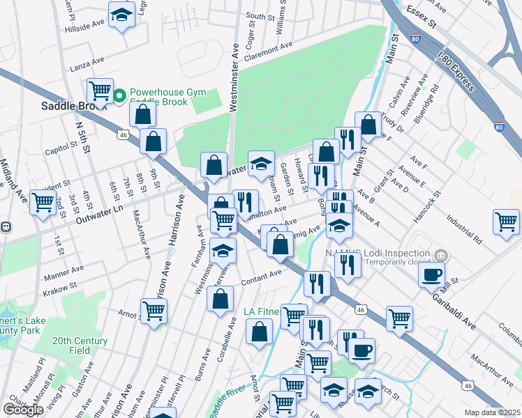 map of restaurants, bars, coffee shops, grocery stores, and more near 93 Hamilton Avenue in Lodi