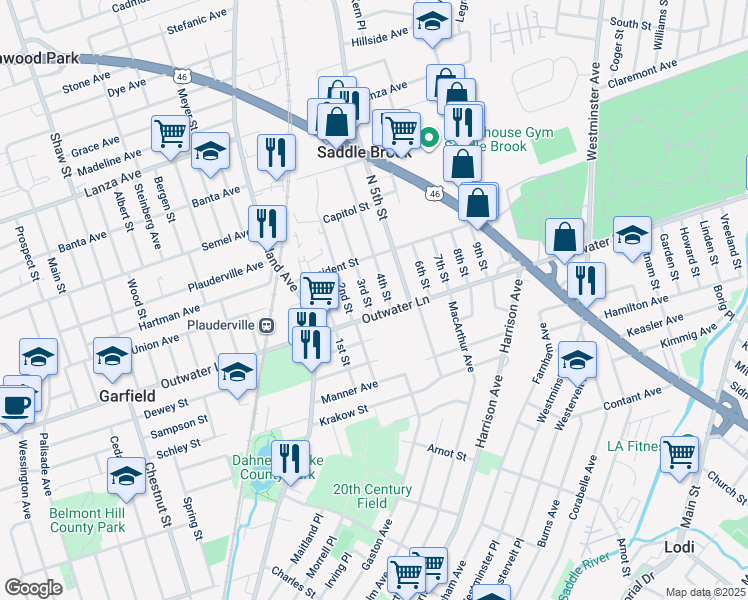 map of restaurants, bars, coffee shops, grocery stores, and more near 345 3rd Street in Saddle Brook