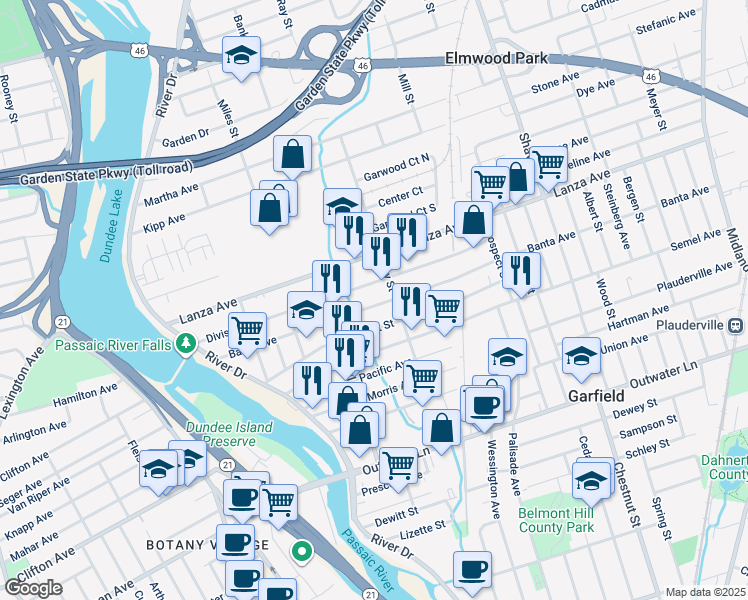 map of restaurants, bars, coffee shops, grocery stores, and more near 148 Banta Avenue in Garfield