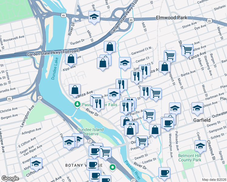 map of restaurants, bars, coffee shops, grocery stores, and more near 117 Division Avenue in Garfield