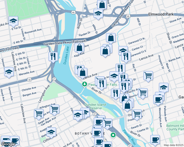 map of restaurants, bars, coffee shops, grocery stores, and more near 39 Lanza Avenue in Garfield