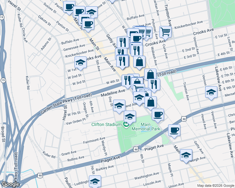 map of restaurants, bars, coffee shops, grocery stores, and more near 39 Madeline Avenue in Clifton