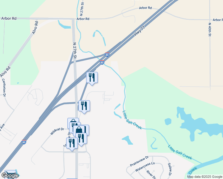 map of restaurants, bars, coffee shops, grocery stores, and more near 2898 Husker Circle in Lincoln