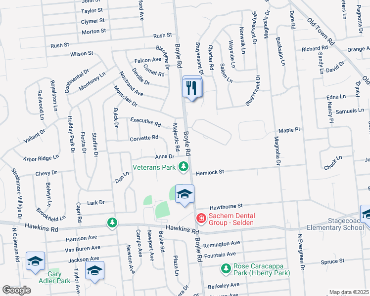 map of restaurants, bars, coffee shops, grocery stores, and more near 338 Boyle Road in Selden