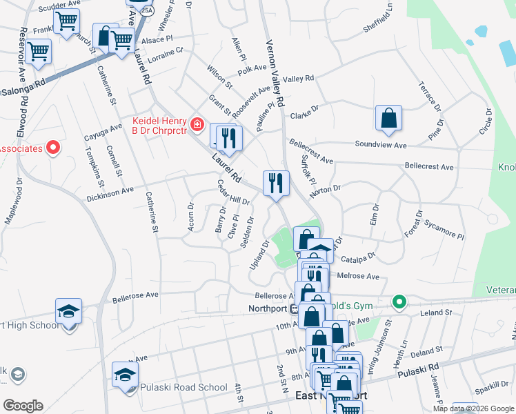 map of restaurants, bars, coffee shops, grocery stores, and more near 2 Selden Dr in East Northport