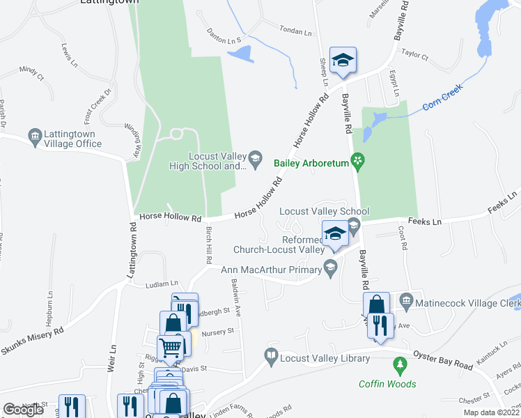 map of restaurants, bars, coffee shops, grocery stores, and more near 34 Horse Hollow Court in Locust Valley