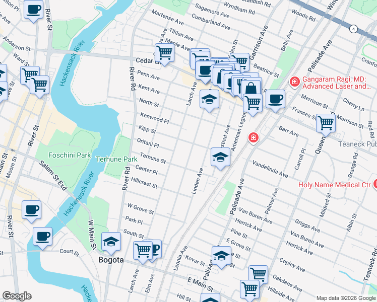 map of restaurants, bars, coffee shops, grocery stores, and more near 236 Elm Avenue in Teaneck