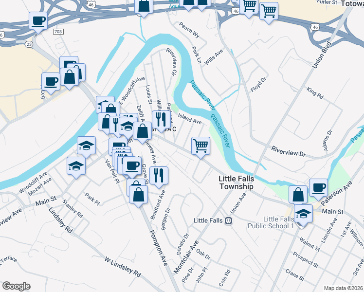 map of restaurants, bars, coffee shops, grocery stores, and more near 370 Main Street in Little Falls