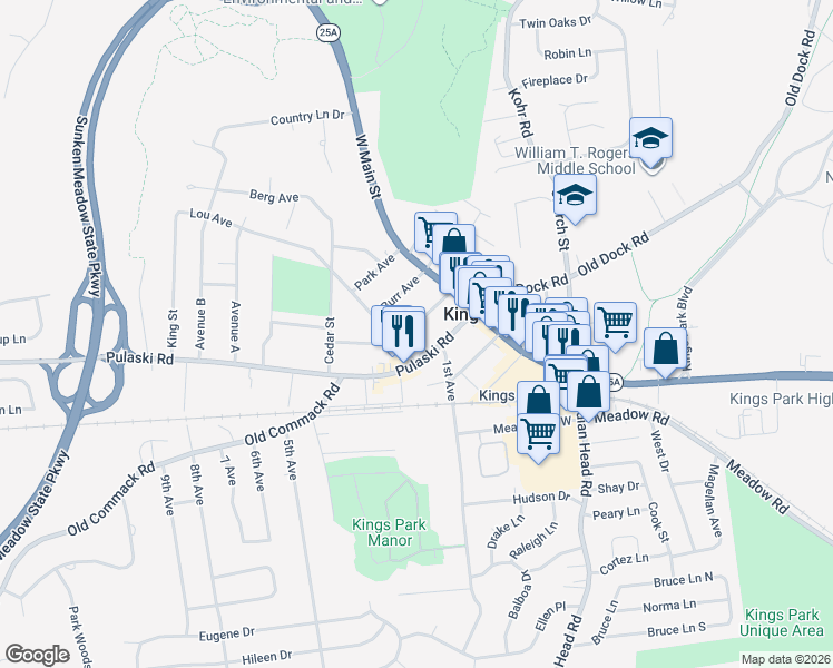 map of restaurants, bars, coffee shops, grocery stores, and more near 46 Dawson Avenue in Kings Park
