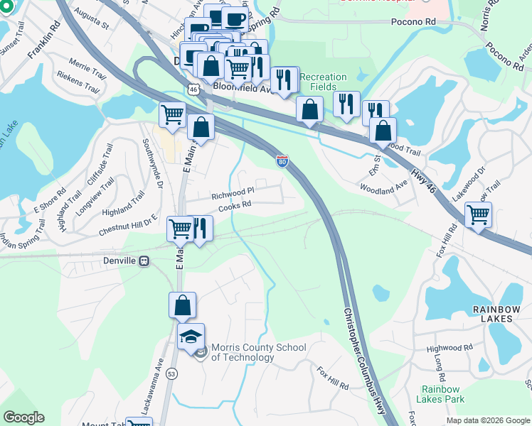 map of restaurants, bars, coffee shops, grocery stores, and more near 54 Cooks Road in Denville