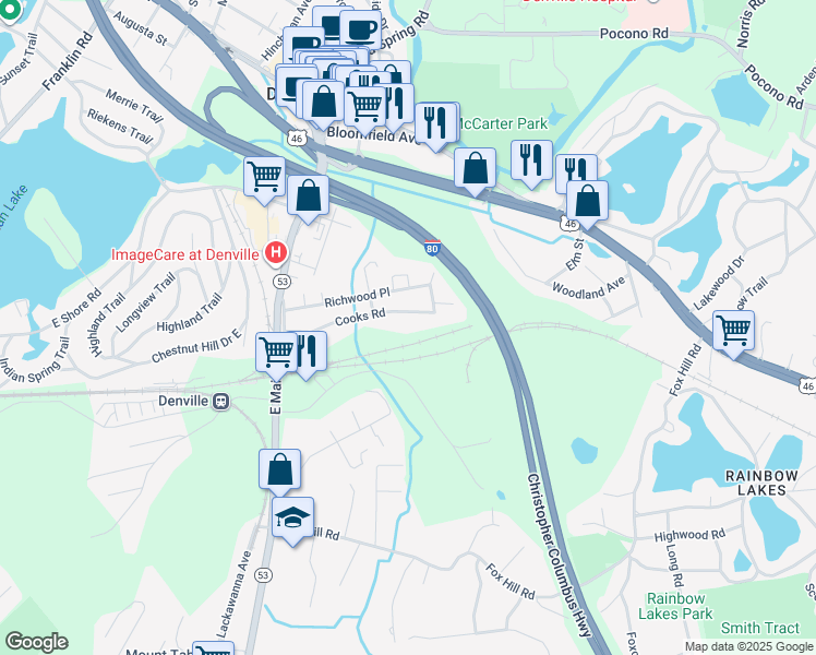 map of restaurants, bars, coffee shops, grocery stores, and more near 54 Cooks Road in Denville