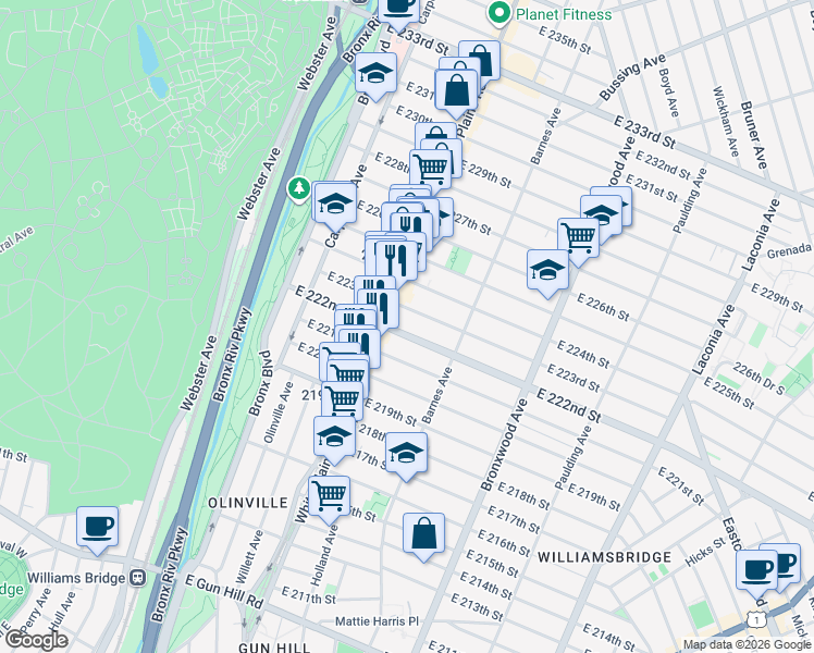 map of restaurants, bars, coffee shops, grocery stores, and more near 745 East 222nd Street in Bronx