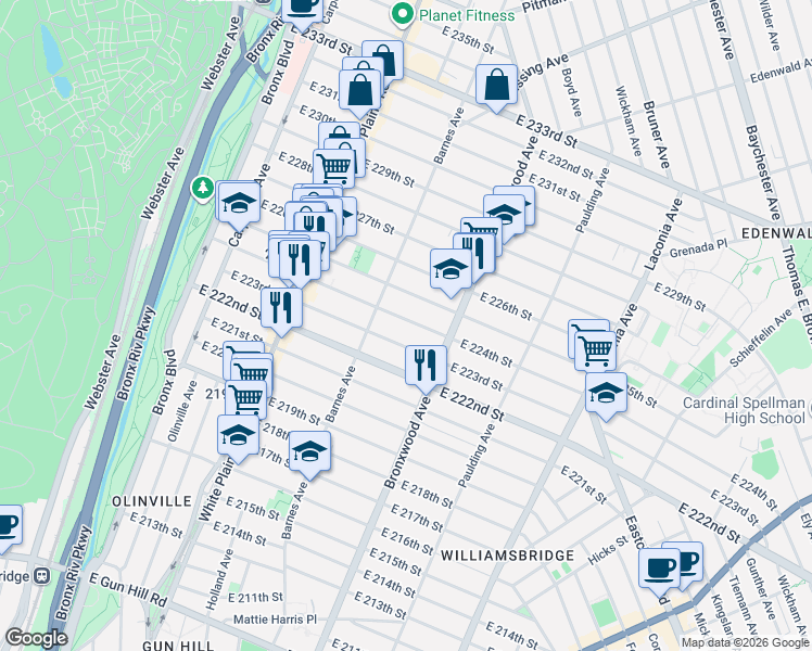 map of restaurants, bars, coffee shops, grocery stores, and more near 832 East 224th Street in The Bronx