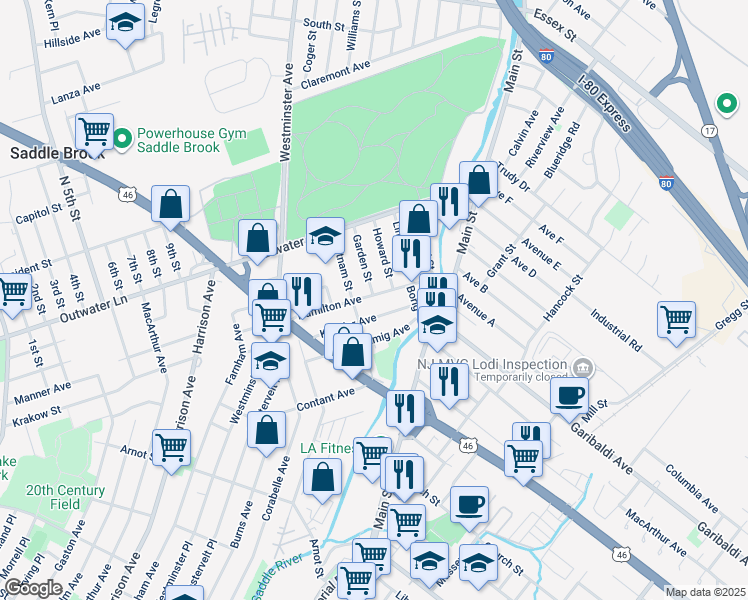 map of restaurants, bars, coffee shops, grocery stores, and more near 122 Hamilton Avenue in Lodi