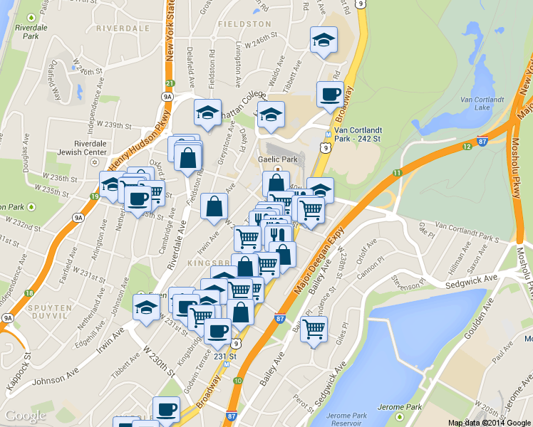 map of restaurants, bars, coffee shops, grocery stores, and more near 276 West 238th Street in Bronx