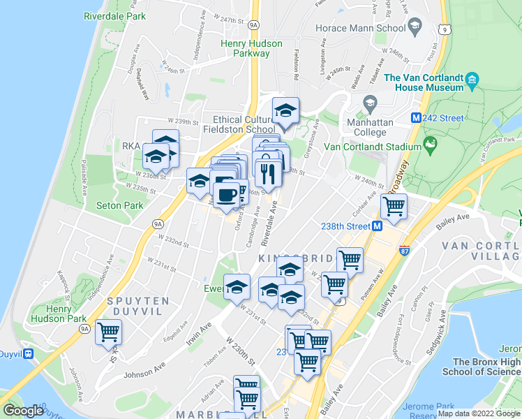 map of restaurants, bars, coffee shops, grocery stores, and more near 3501 Cambridge Avenue in Bronx