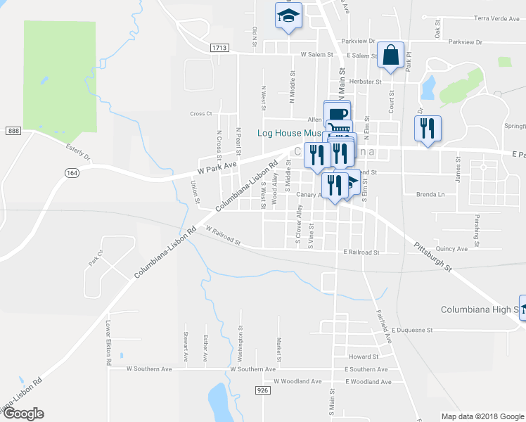 map of restaurants, bars, coffee shops, grocery stores, and more near 301 Union Street in Columbiana