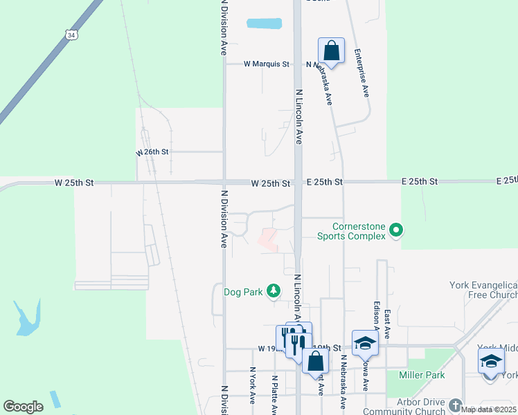 map of restaurants, bars, coffee shops, grocery stores, and more near 230 Meadow View Drive in York