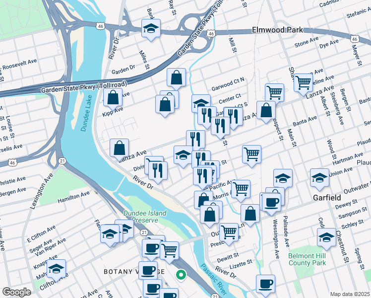 map of restaurants, bars, coffee shops, grocery stores, and more near 117 Division Avenue in Garfield