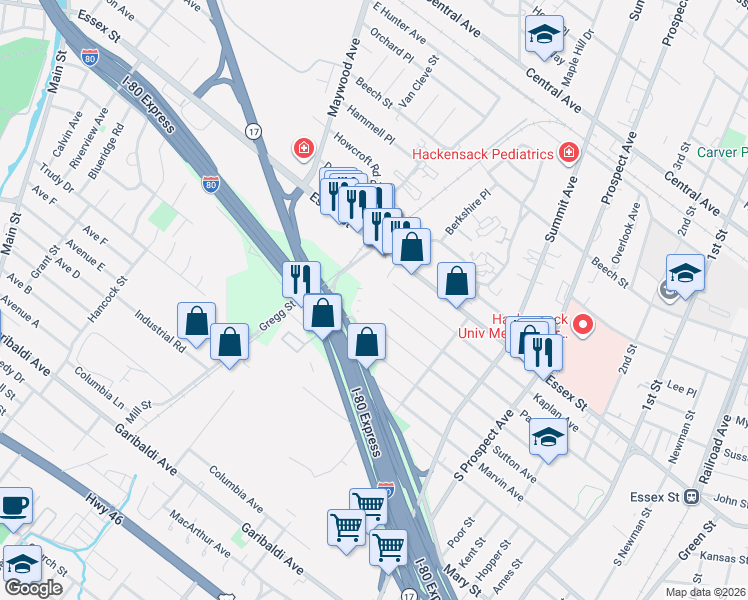map of restaurants, bars, coffee shops, grocery stores, and more near 99 New Jersey 17 in Lodi