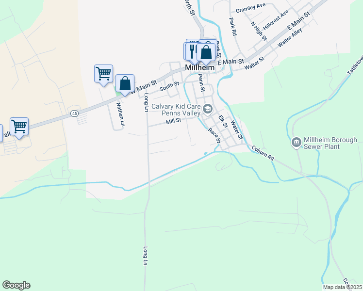 map of restaurants, bars, coffee shops, grocery stores, and more near 100-116 Frazier Street in Millheim