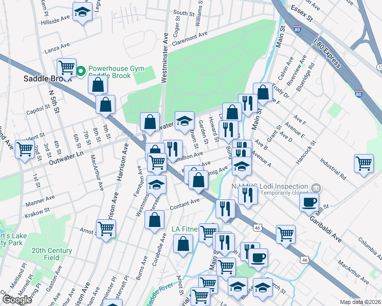 map of restaurants, bars, coffee shops, grocery stores, and more near 93 Hamilton Avenue in Lodi